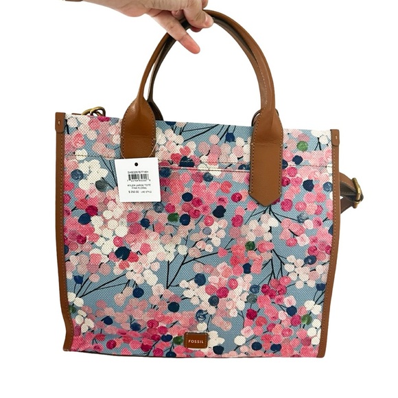 NWT FOSSIL Kyler Leather Canvas Large Tote Pink Blue Floral - Picture 2 of 6